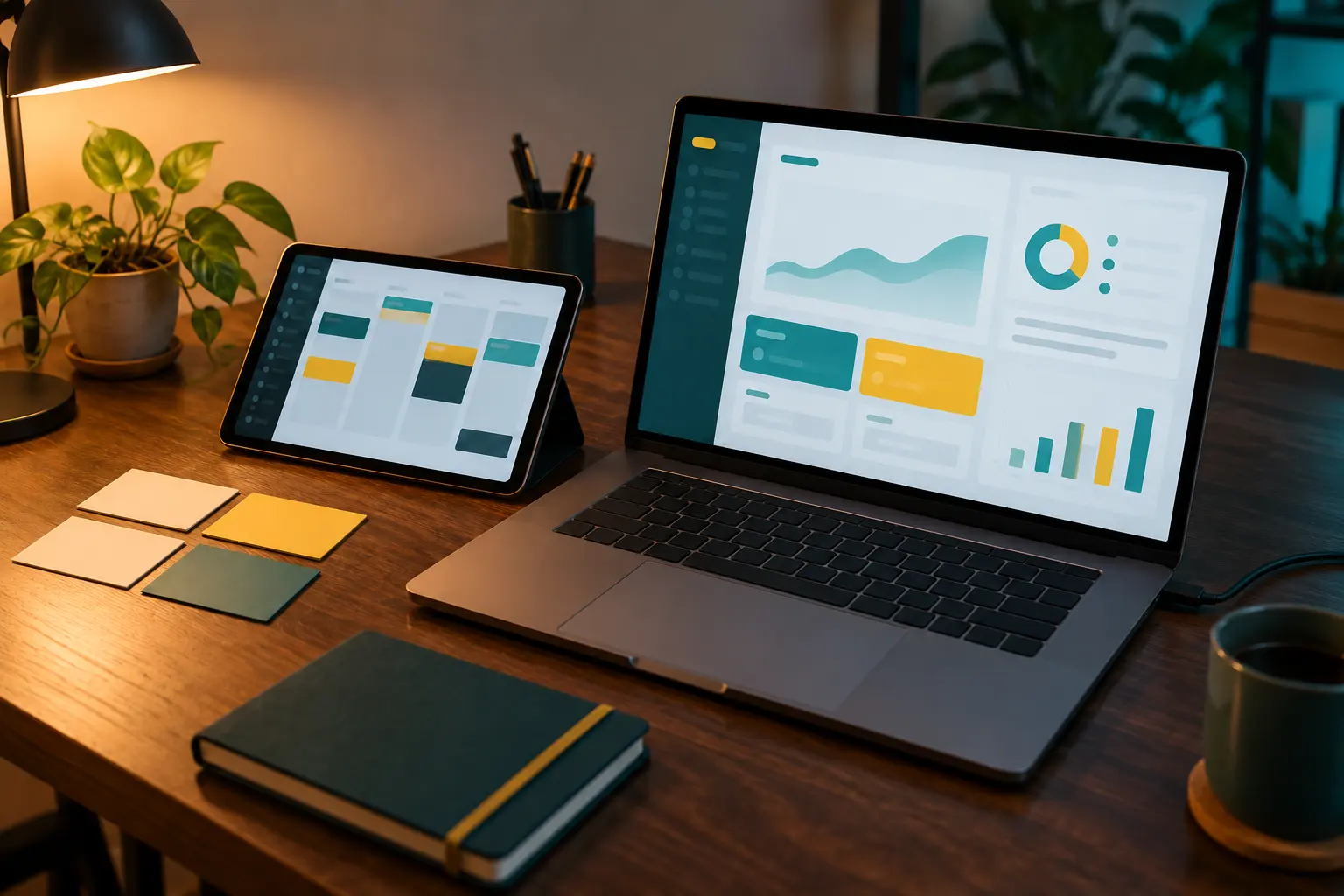 A laptop displaying an application, a tablet with task columns and notes on a desk.